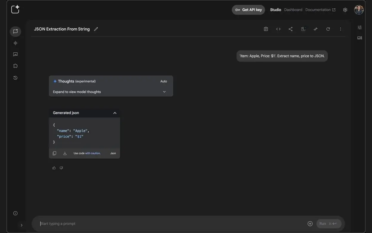 Google AI Studio conversation canvas showing structured JSON output alongside the model&rsquo;s thoughts