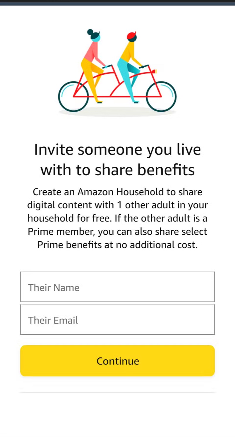 Amazon Household mobile experience for inviting someone to share benefits