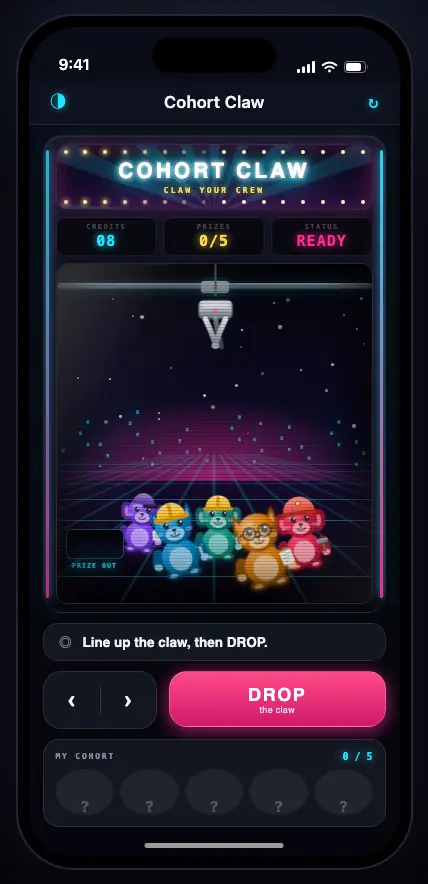 Cohort Claw on iPhone: a neon arcade claw machine with five agent plush toys in the pit