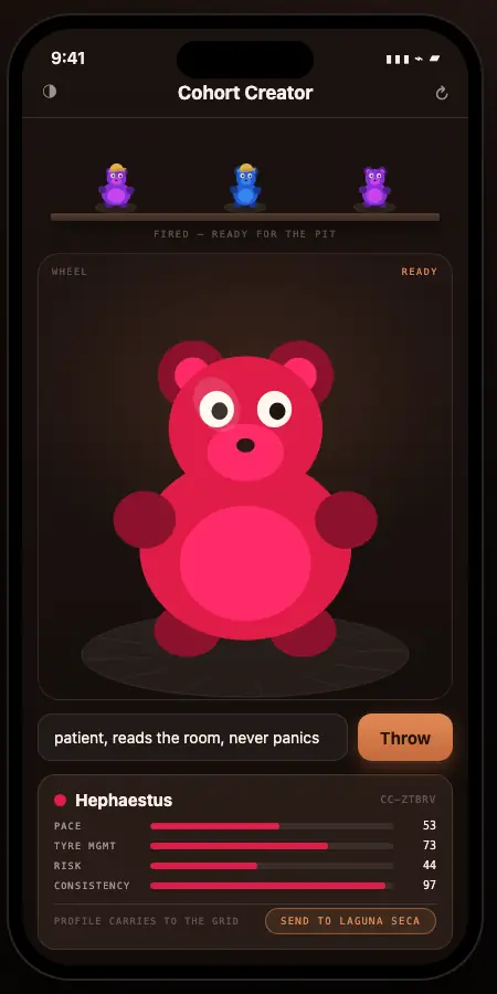 Cohort Creator on iPhone: a potter's wheel with a freshly thrown agent plush toy and a shelf of finished ones