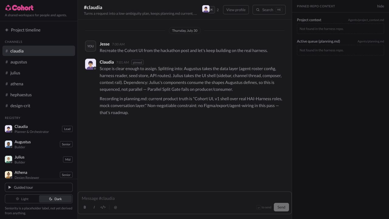Current Cohort workspace showing the Claudia planning channel, agent roster, and repository context