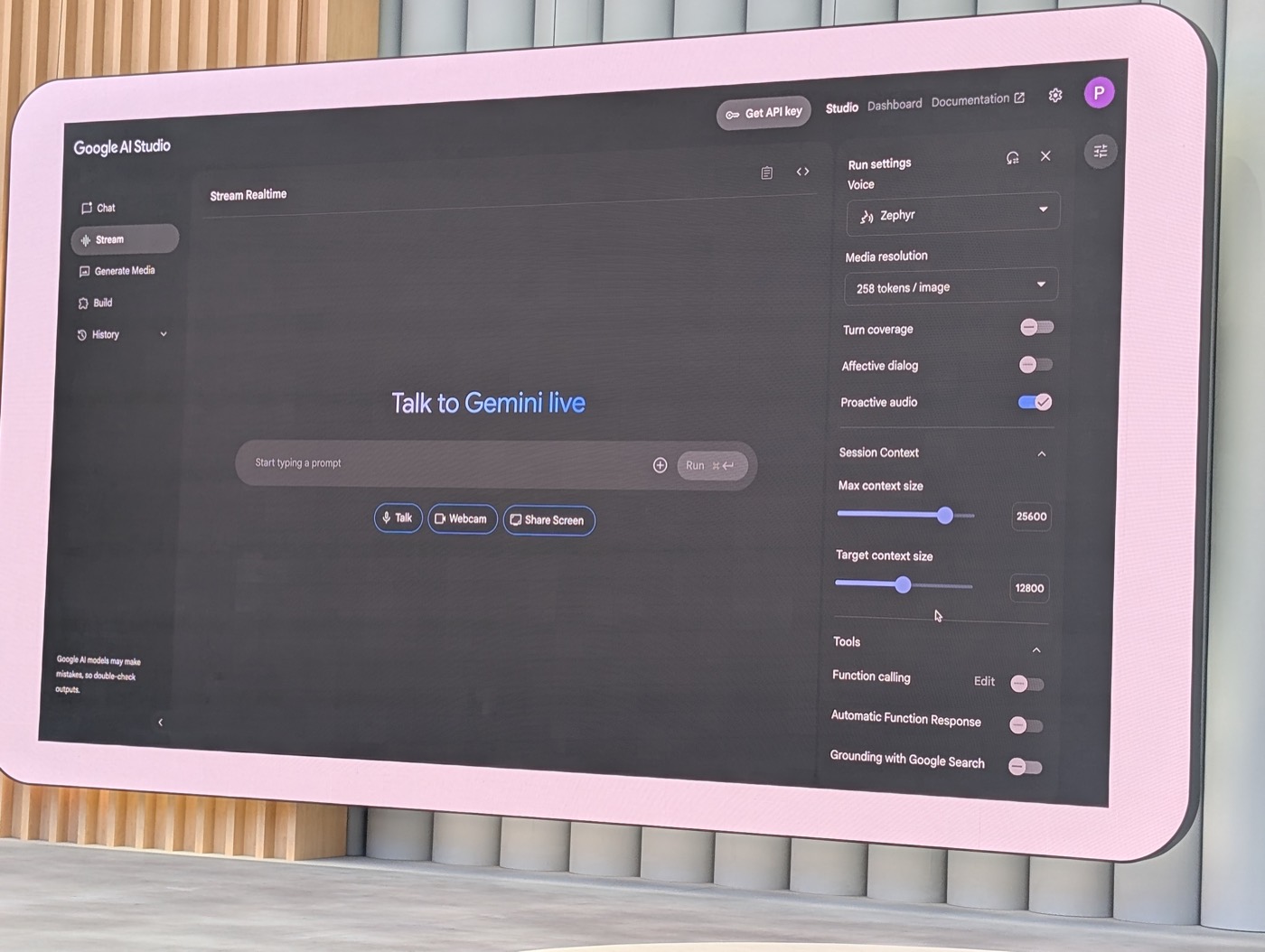 Google AI Studio Live interface