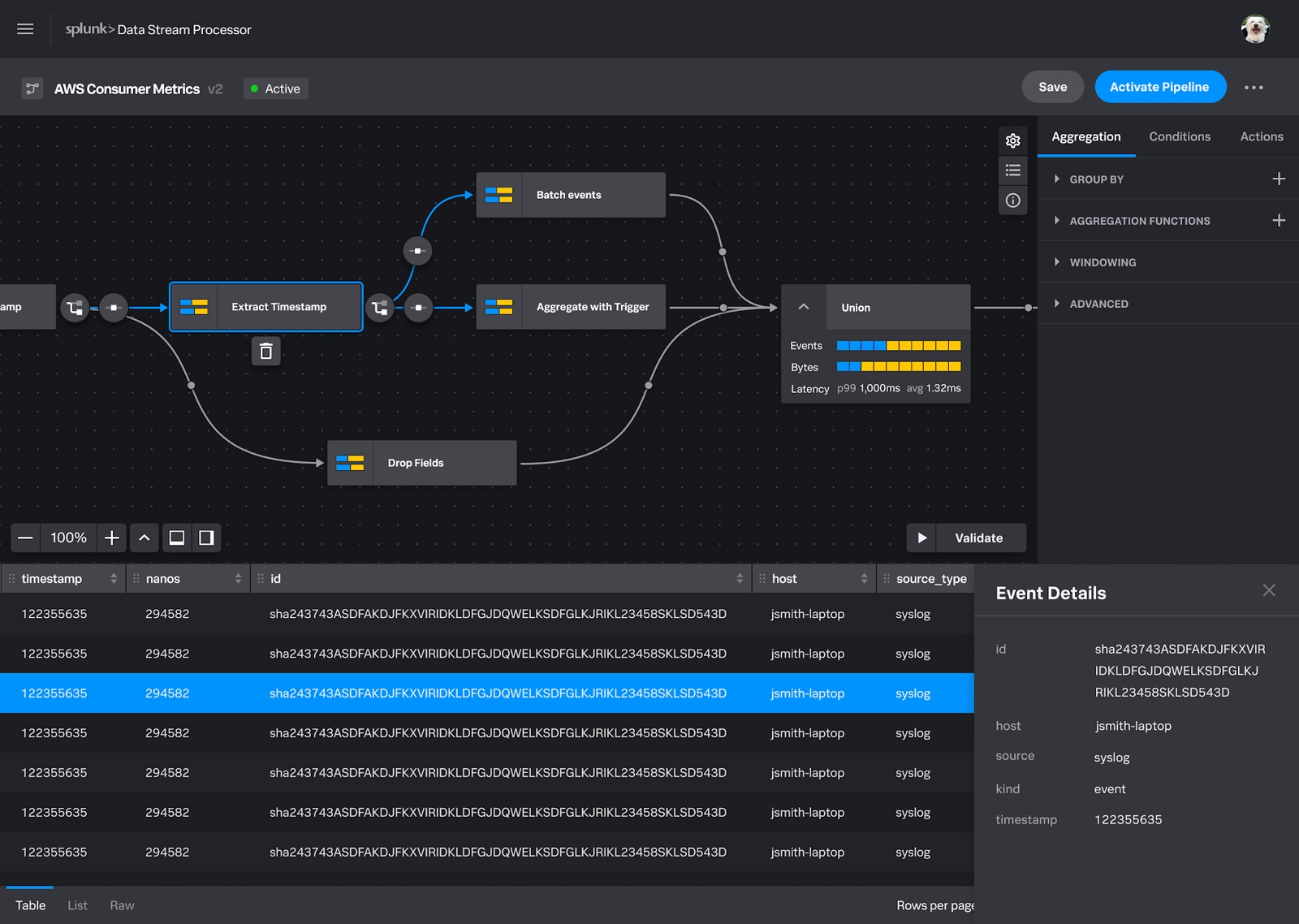 Splunk Data Stream Processor pipeline builder with live event output and validation controls
